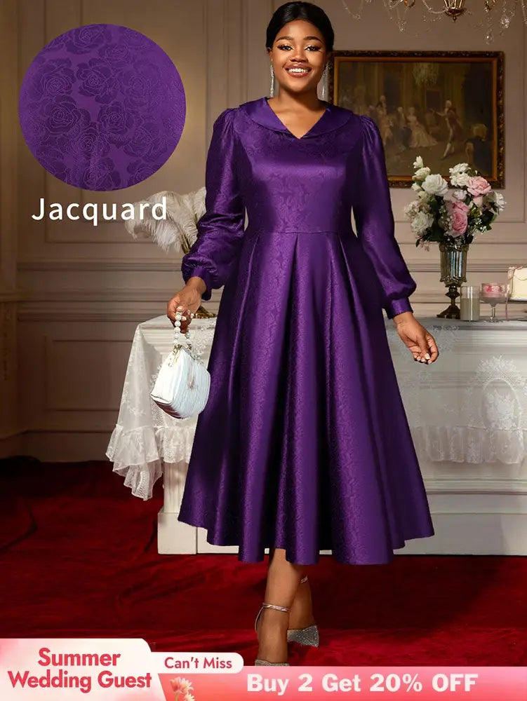 AOMEIDRESS Elegant A Line Pleated Jacquard Party Wedding Guest Dress DarkPurple / S