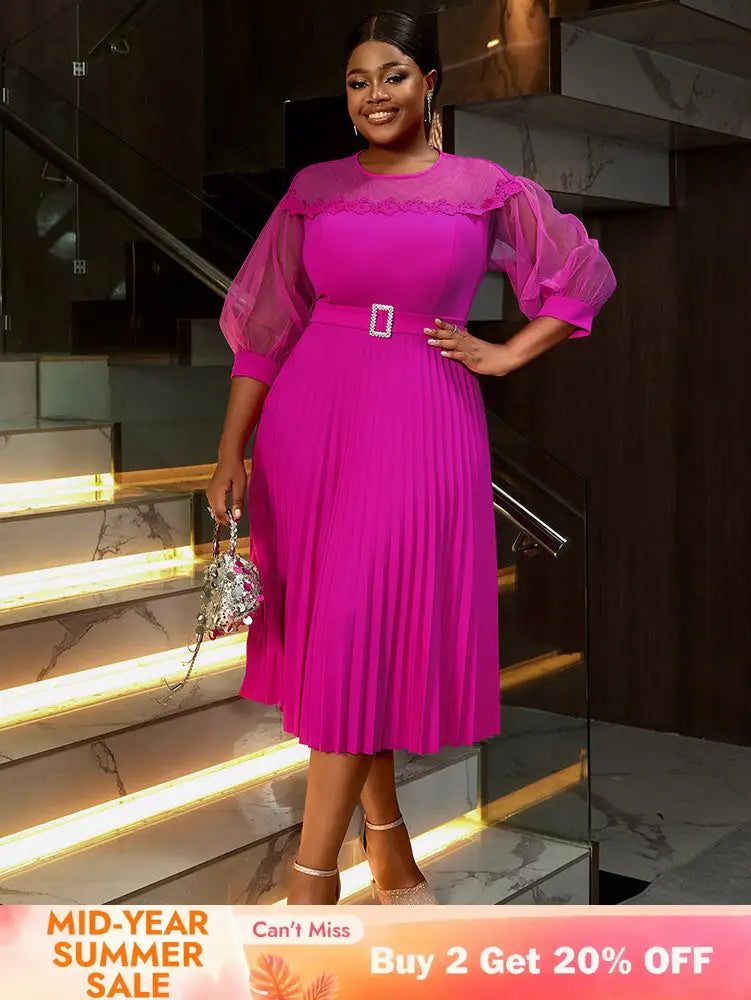 AOMEIDRESS Elegant A Line Pleated Work Dress Sheer Puff Sleeves O Neck Rose / S