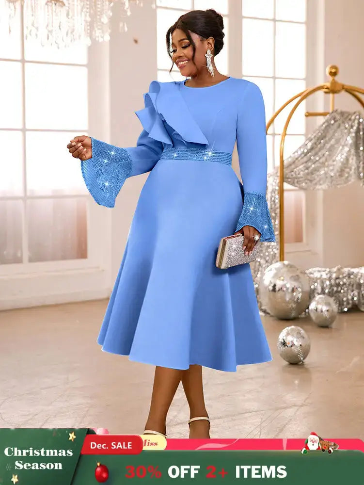 AOMEIDRESS Elegant A Line Sequins Ruffle Dress Flare Sleeve for Party LB / S