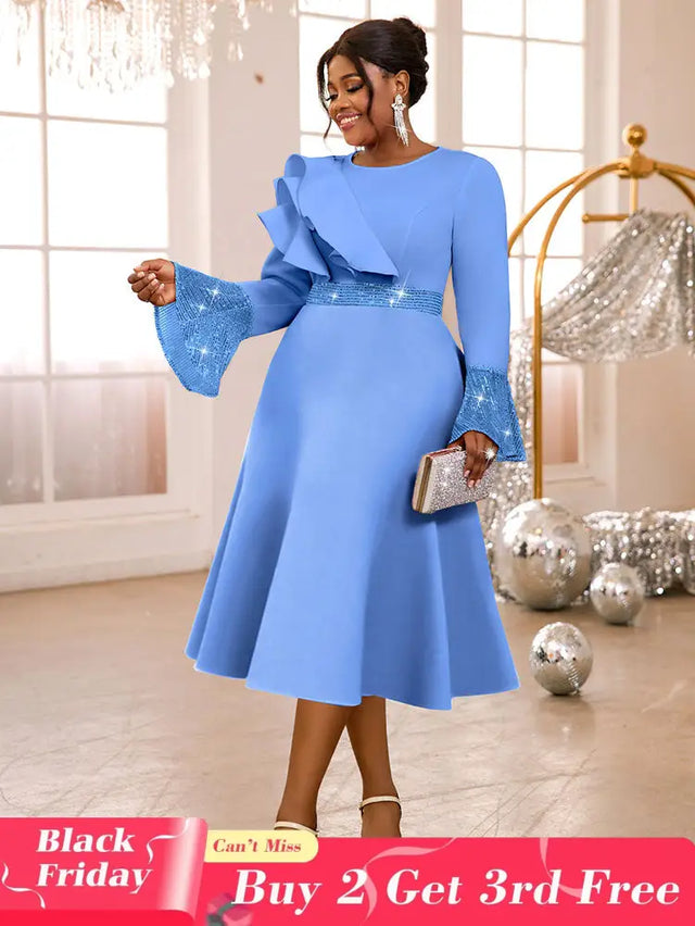 AOMEIDRESS Elegant A Line Sequins Ruffle Dress Flare Sleeve for Party LB / S