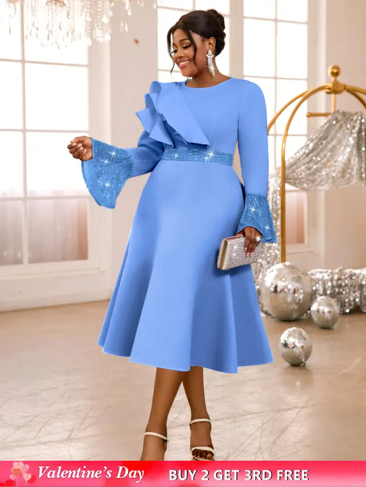 AOMEIDRESS Elegant A Line Sequins Ruffle Dress Flare Sleeve For Party LightBlue / S