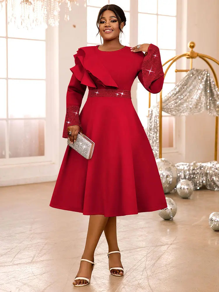 AOMEIDRESS Elegant A Line Sequins Ruffle Dress Flare Sleeve for Party Red / S
