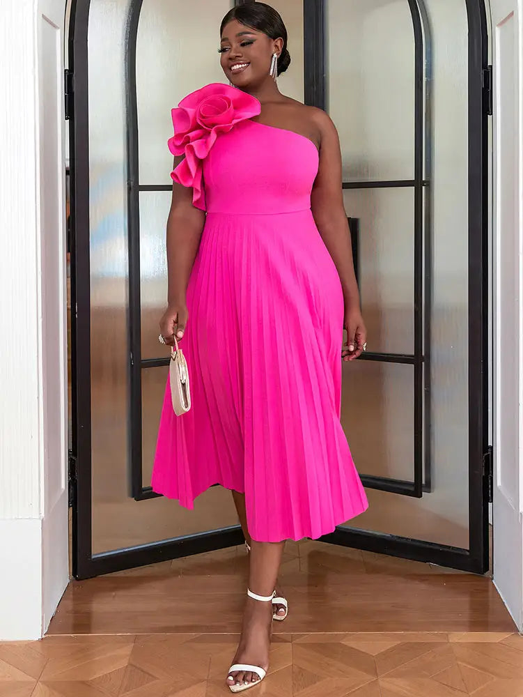 AOMEIDRESS Elegant A Line Wedding Guests Dress One Shoulder 3D Flower Rose / 0XL