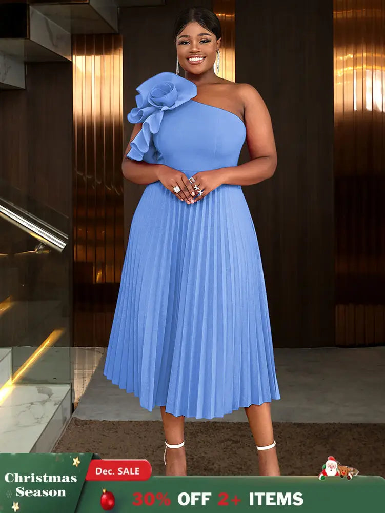 AOMEIDRESS Elegant A Line Wedding Guests Dress One Shoulder 3D Flower SkyBlue / 0XL