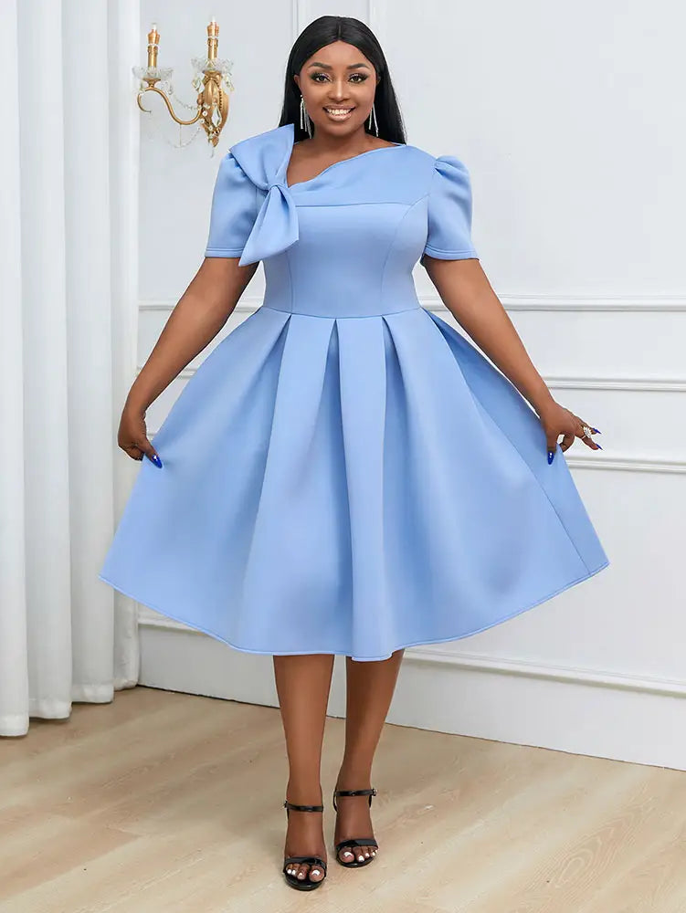 AOMEIDRESS Elegant A Line Wedding Guests Dress With A Bow Puff Sleeve Blue / 0XL