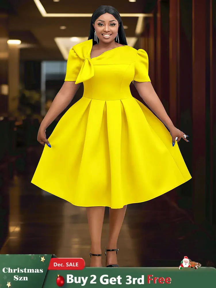 AOMEIDRESS Elegant A Line Wedding Guests Dress With A Bow Puff Sleeve Yellow / 0XL