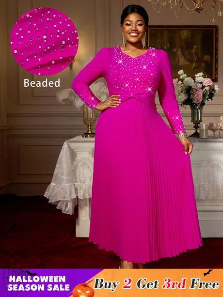AOMEIDRESS Elegant Autumn A LIne Pleated Bead Dress for Party Wedding Rose / S