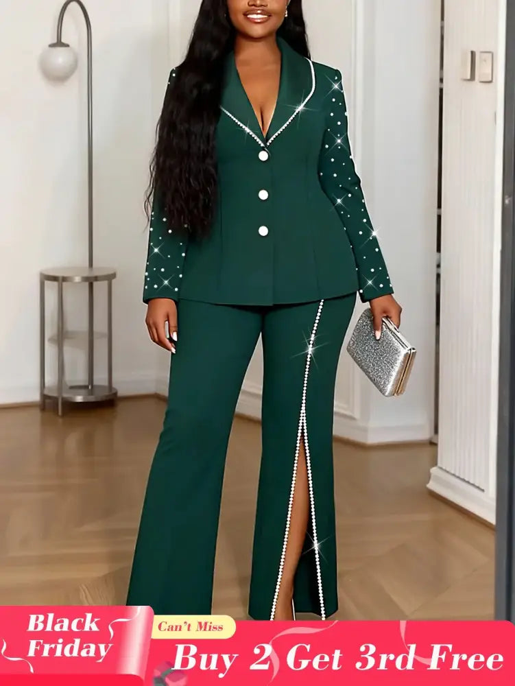 AOMEIDRESS Elegant Beaded 2 Piece Suit Turn Down Collar Blazer Side Slit Wide Leg Trousers