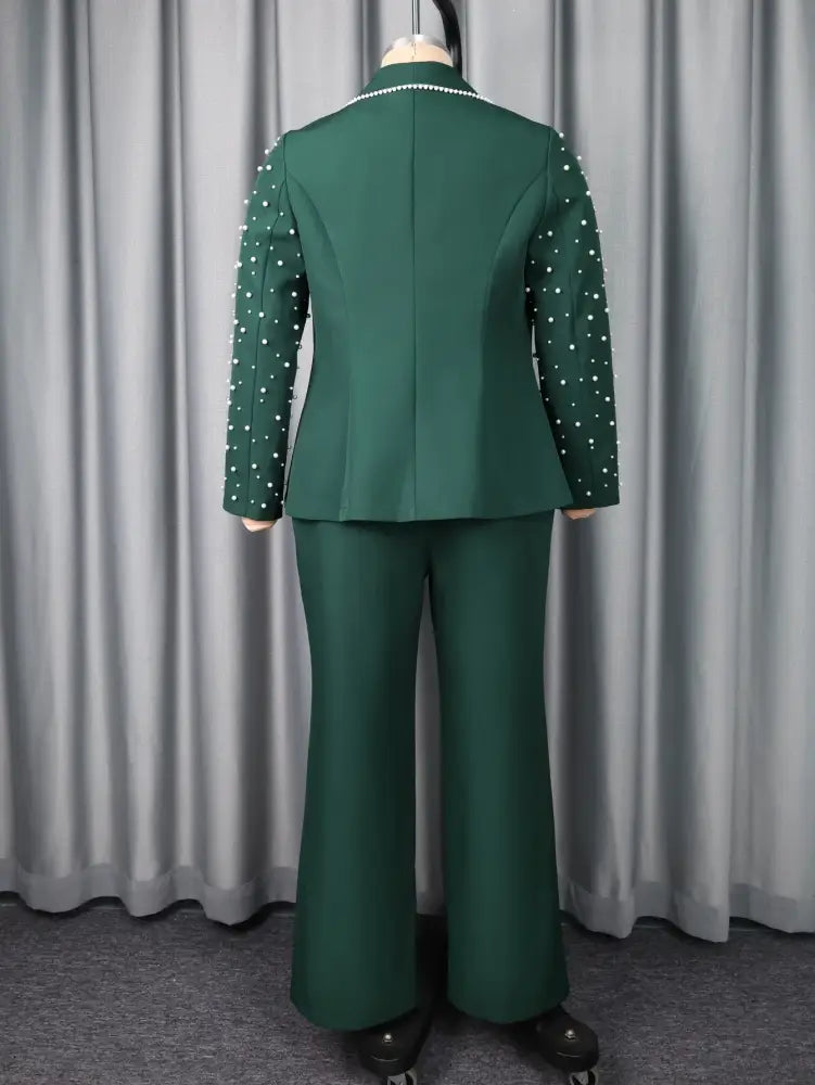 AOMEIDRESS Elegant Beaded 2 Piece Suit Turn Down Collar Blazer Side Slit Wide Leg Trousers
