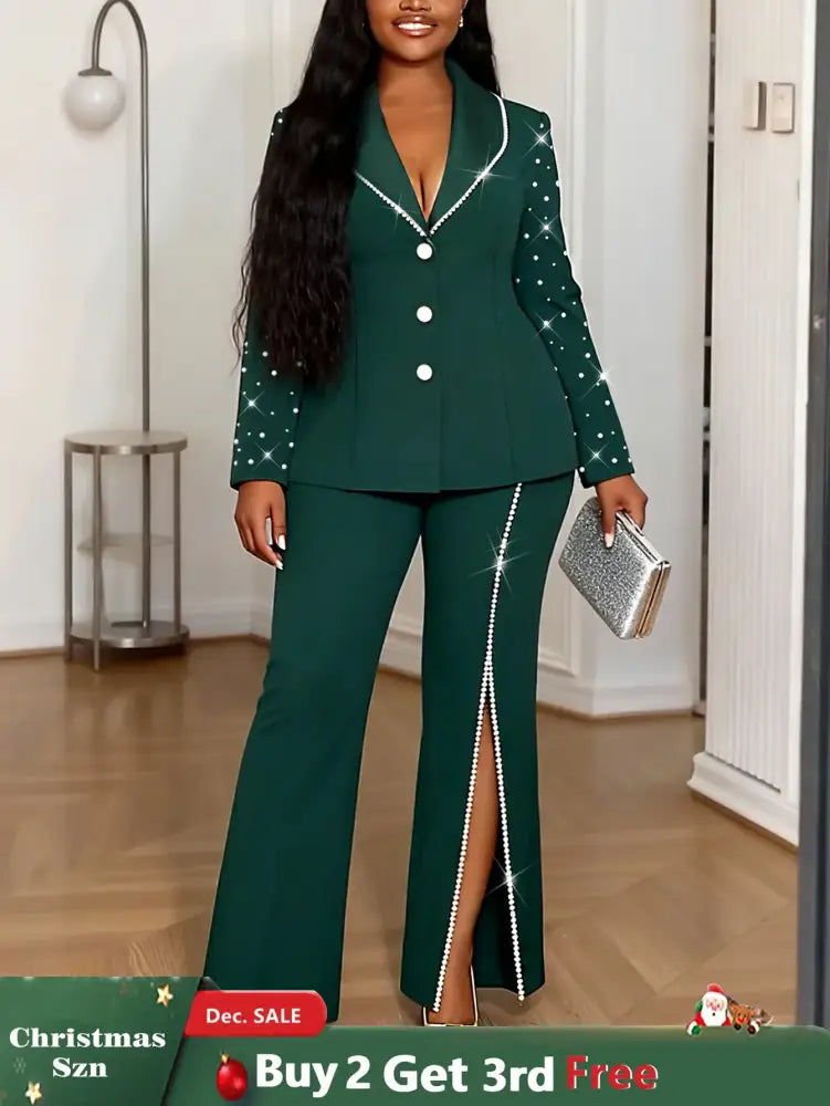 AOMEIDRESS Elegant Beaded 2 Piece Suit Turn Down Collar Blazer Side Slit Wide Leg Trousers