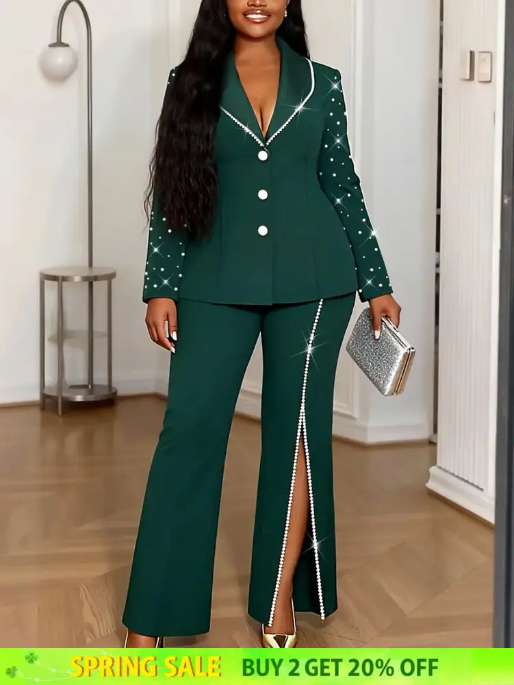AOMEIDRESS Elegant Beaded 2 Piece Suit Turn Down Collar Blazer Side Slit Wide Leg Trousers