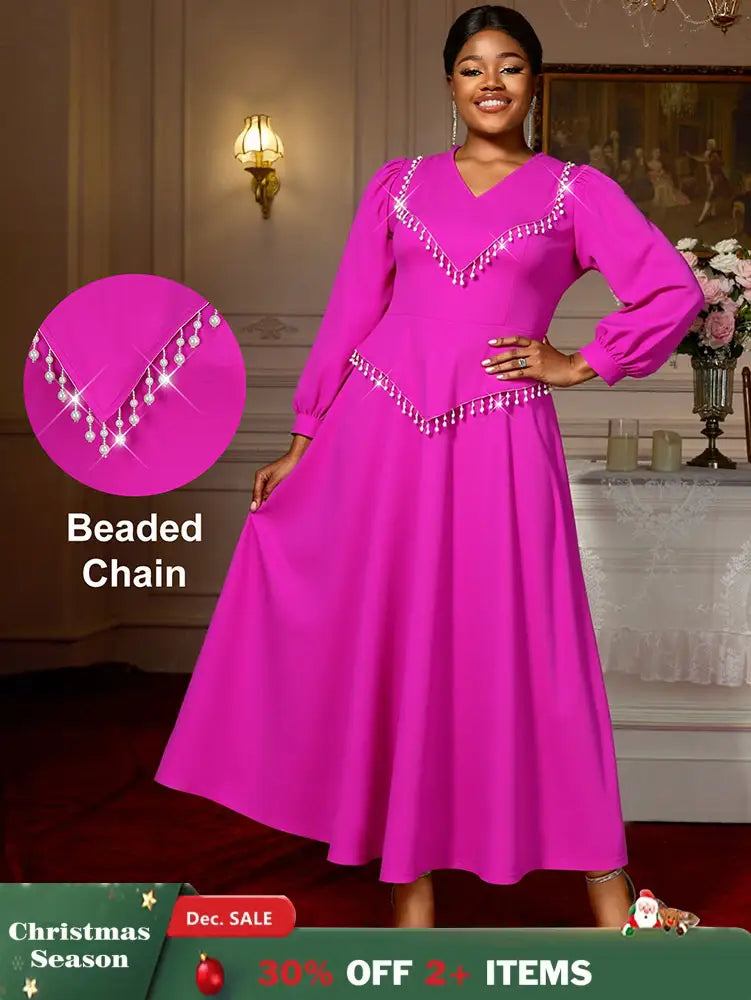 AOMEIDRESS Elegant Beaded Chain Lantern Sleeve Dress for Wedding Party Rose / S