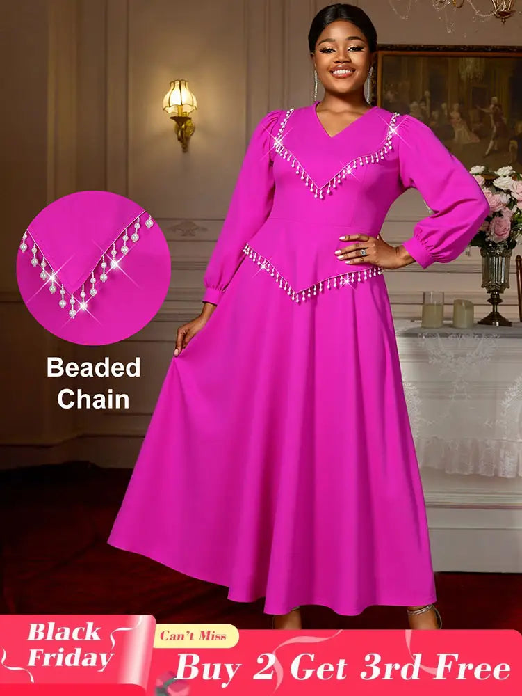 AOMEIDRESS Elegant Beaded Chain Lantern Sleeve Dress for Wedding Party Rose / S