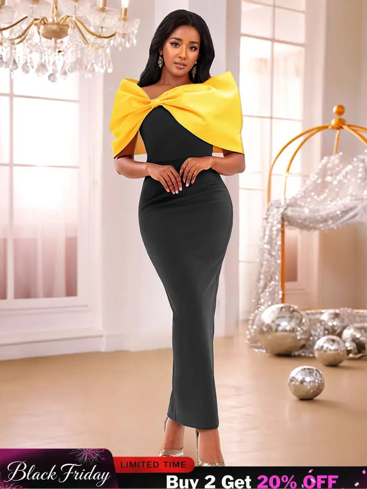 AOMEIDRESS Elegant Black Dresses With Yellow Bow For Wedding Guest Black / S