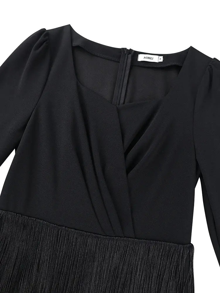 AOMEIDRESS Elegant Black Fringer Mini Dress For Party Evening