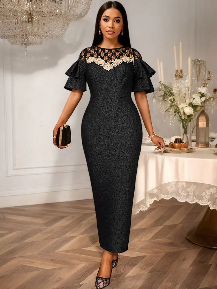 AOMEIDRESS Elegant Black Lace Dress O Neck Ruffle Sleeves Embroidery
