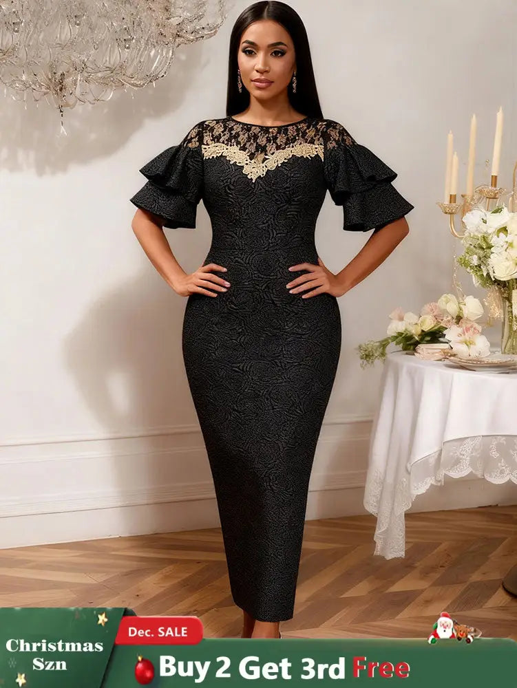 AOMEIDRESS Elegant Black Lace Dress O Neck Ruffle Sleeves Embroidery Black / S