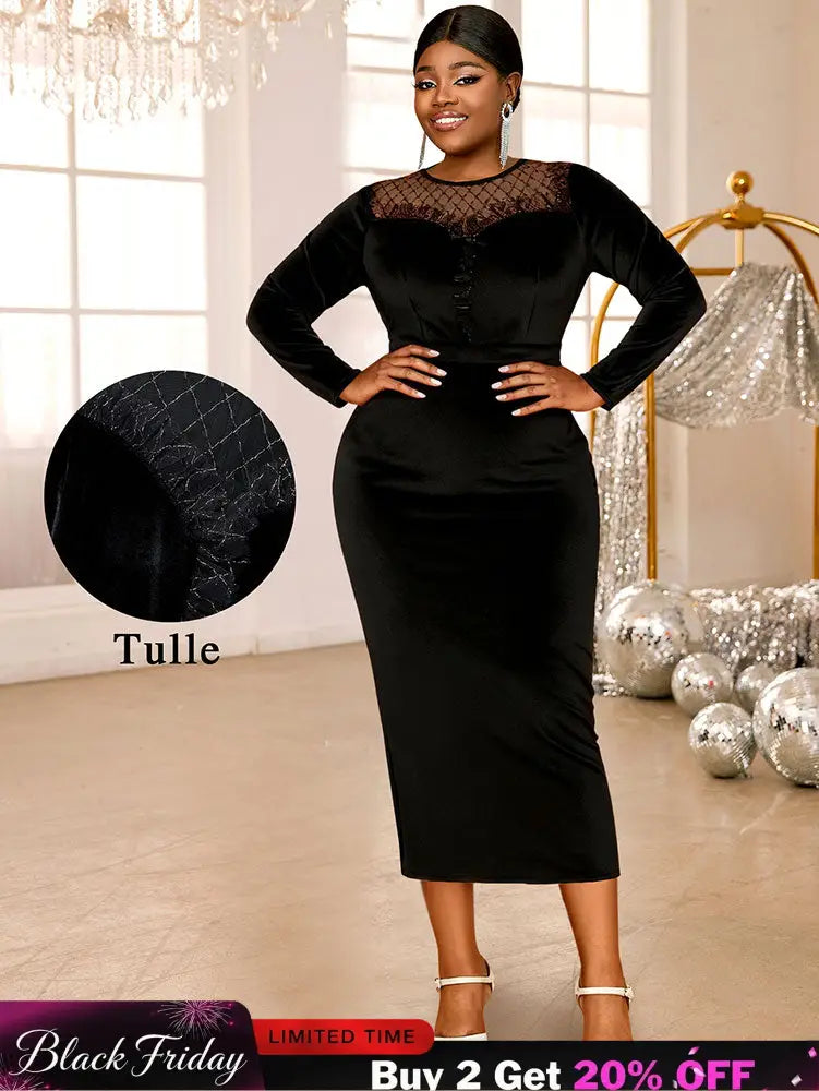 AOMEIDRESS Elegant Black Velvet Dress Tulle Bodycon Evening Party Black / S