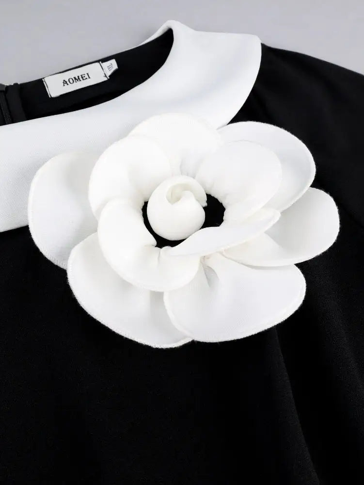 AOMEIDRESS Elegant Black White Colorblock Dress Peplum Floral Detail