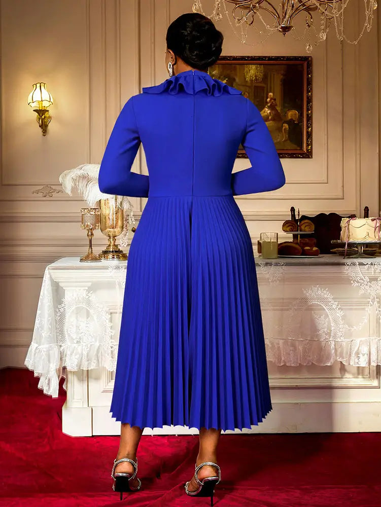 AOMEIDRESS Elegant Blue Midi Pleated Dress with Bow for Wedding Party