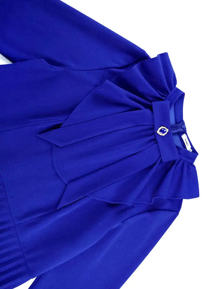 AOMEIDRESS Elegant Blue Midi Pleated Dress with Bow for Wedding Party