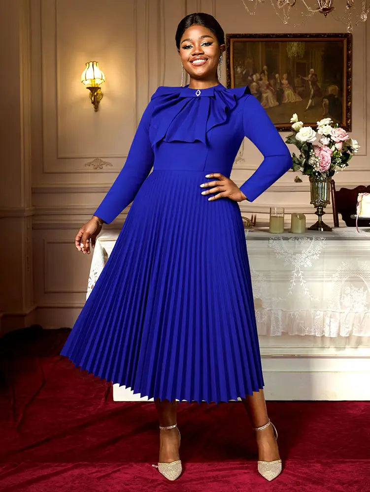 AOMEIDRESS Elegant Blue Midi Pleated Dress with Bow for Wedding Party