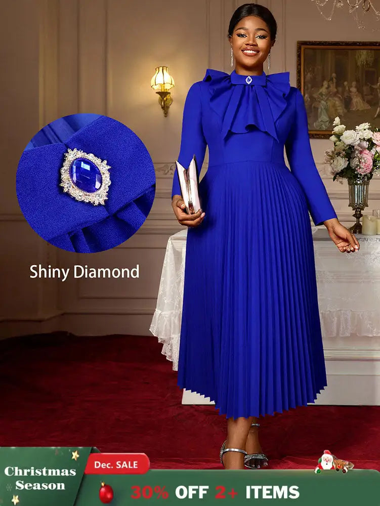 AOMEIDRESS Elegant Blue Midi Pleated Dress with Bow for Wedding Party Blue / S