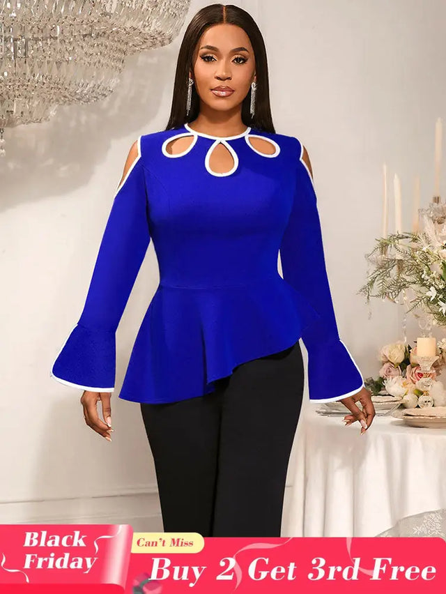 AOMEIDRESS Elegant Blue Peplum Blouse Cut Out Flare Sleeve for Evening Blue / S