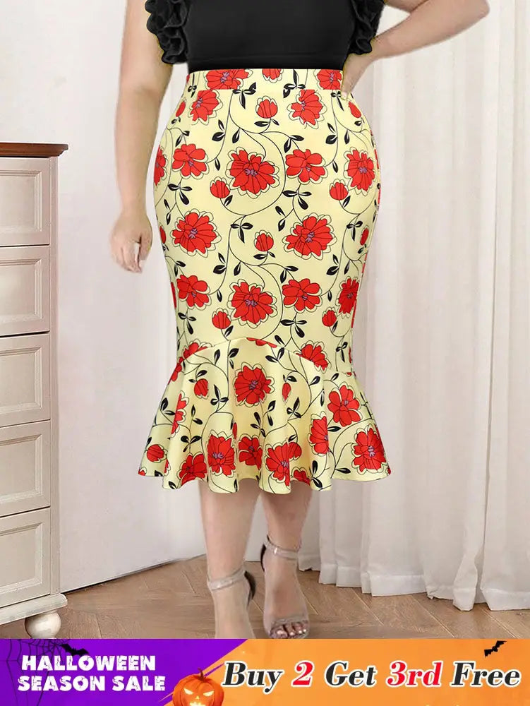 AOMEIDRESS Elegant Bodycon Floral Mermaid Skirt for Party Wedding Yellow / 0XL