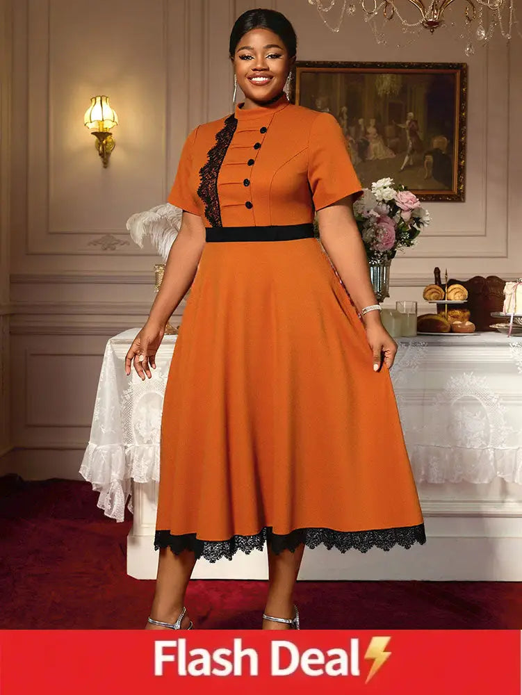 AOMEIDRESS Elegant Brown A Line Midi Church Dress With Lace Trim Button