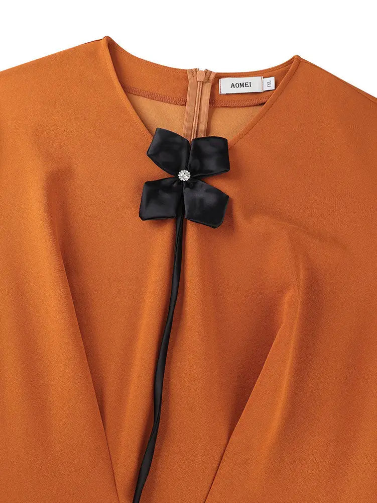 AOMEIDRESS Elegant Brown A Line Pleated Dress Peplum with Belted