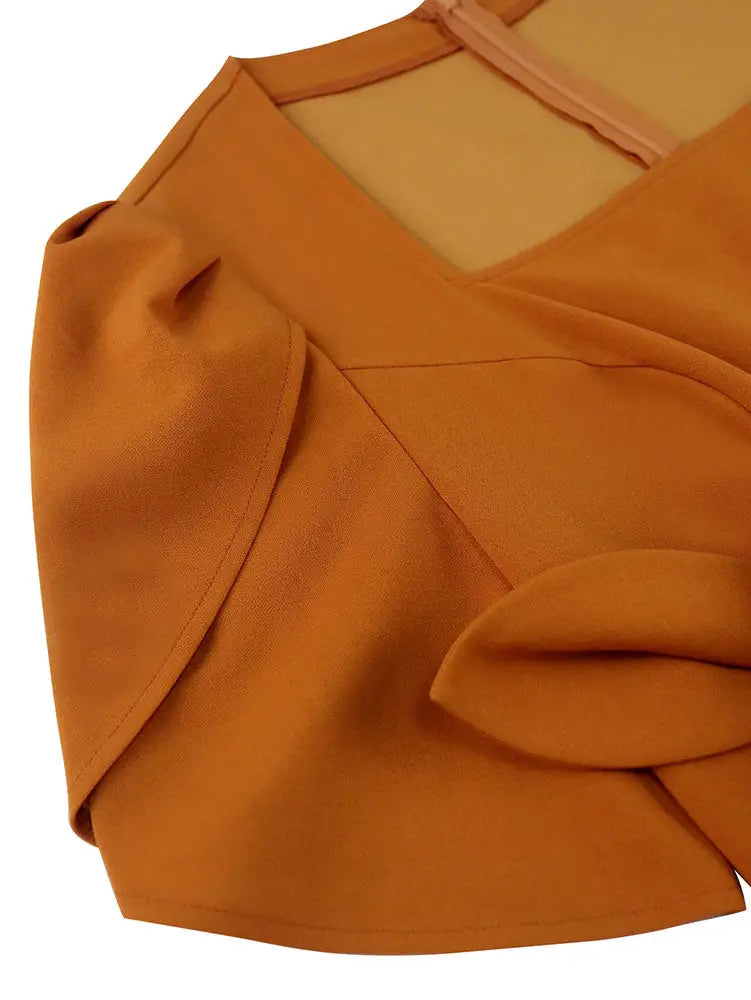 AOMEIDRESS Elegant Brown Bodycon Dress Short Sleeves 3D Flower Peplum