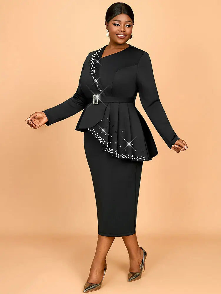 AOMEIDRESS Elegant Business Casual Beaded Dress For Women Package Hip