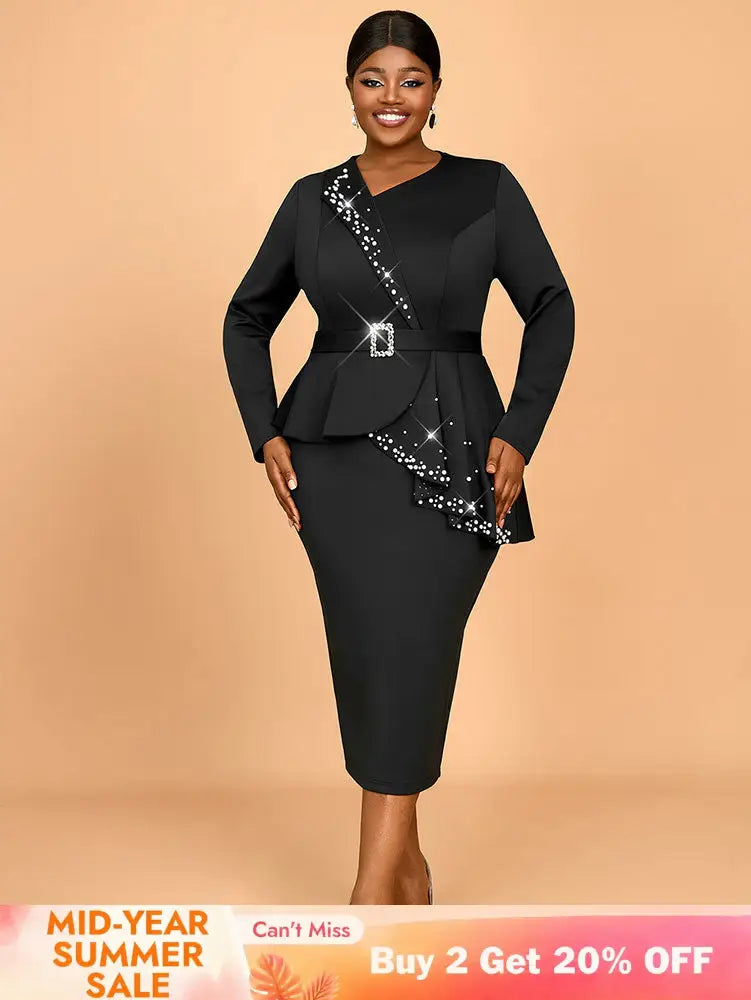 AOMEIDRESS Elegant Business Casual Beaded Dress For Women Package Hip Black / 0XL