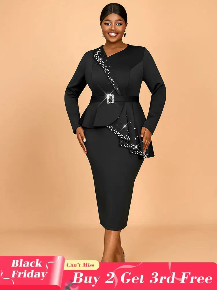 AOMEIDRESS Elegant Business Casual Beaded Dress For Women Package Hip Black / 0XL