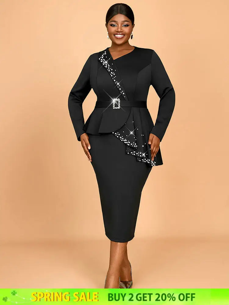 AOMEIDRESS Elegant Business Casual Beaded Dress For Women Package Hip Black / 0XL
