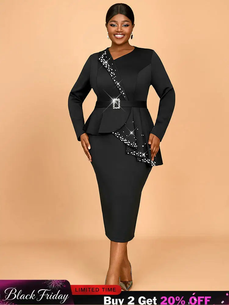 AOMEIDRESS Elegant Business Casual Beaded Dress For Women Package Hip Black / 0XL