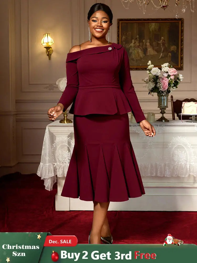 AOMEIDRESS Elegant Co-Ords for Christmas Wedding Slanted Shoulder Top Wine / S