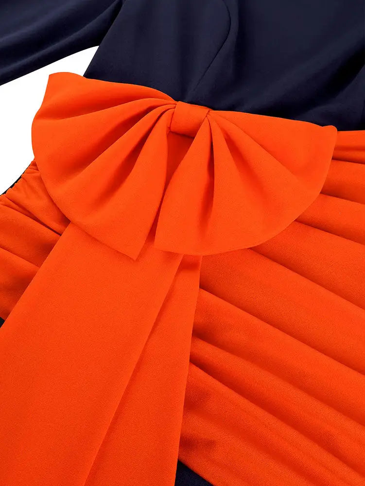AOMEIDRESS Elegant Color Block Bow Long Sleeve Dress for Party Office