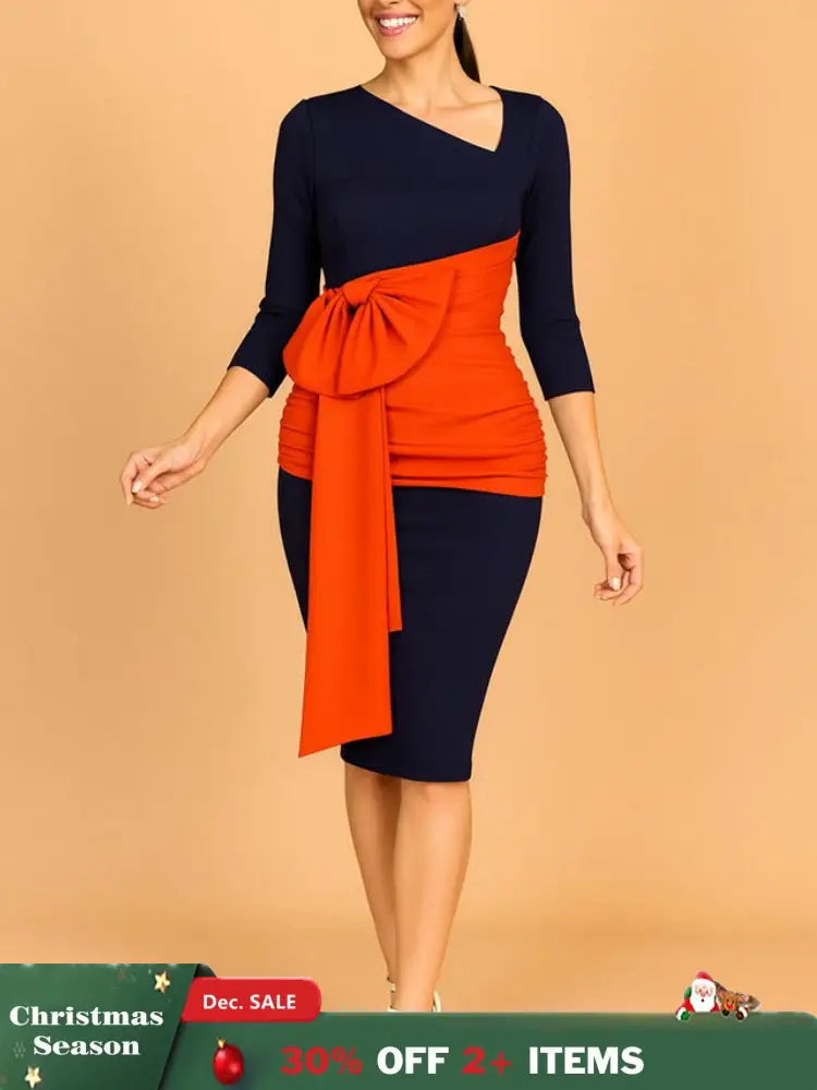 AOMEIDRESS Elegant Color Block Bow Long Sleeve Dress for Party Office NV / S