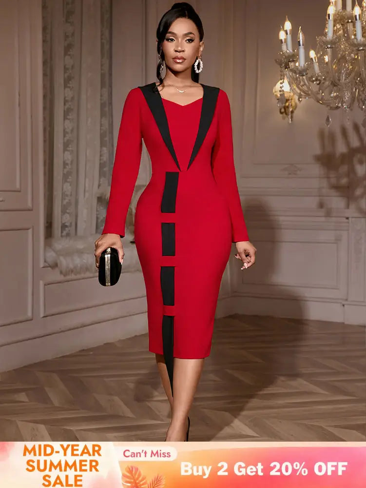 AOMEIDRESS Elegant Color Block Dress Long Sleeve Gowns Autumn New Red / S