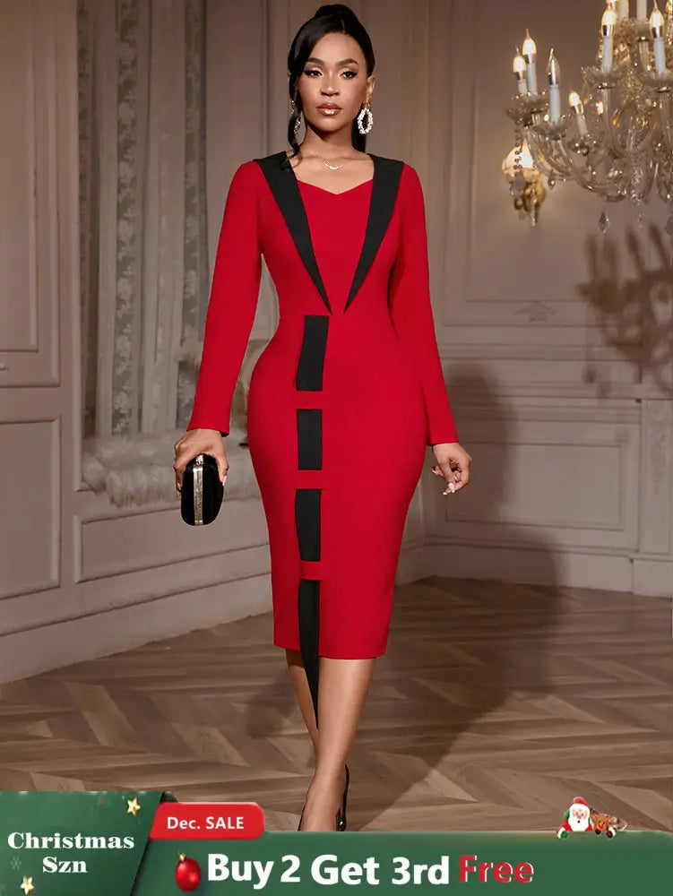 AOMEIDRESS Elegant Color Block Dress Long Sleeve Gowns Autumn New Red / S