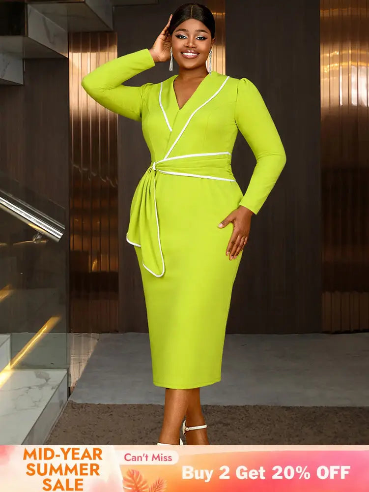 AOMEIDRESS Elegant Colorblock Bodycon Dress Long Sleeve Office Outfit MustardGreen / L