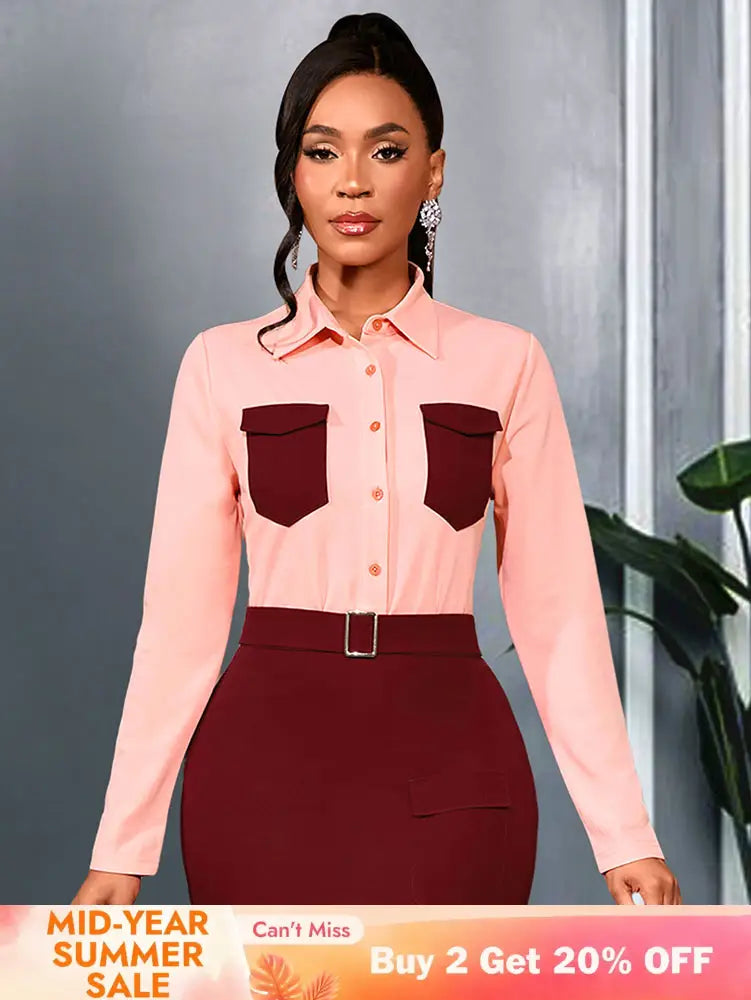 AOMEIDRESS Elegant Colorblock Turn Down Collar Long Sleeves Shirt Pink / S