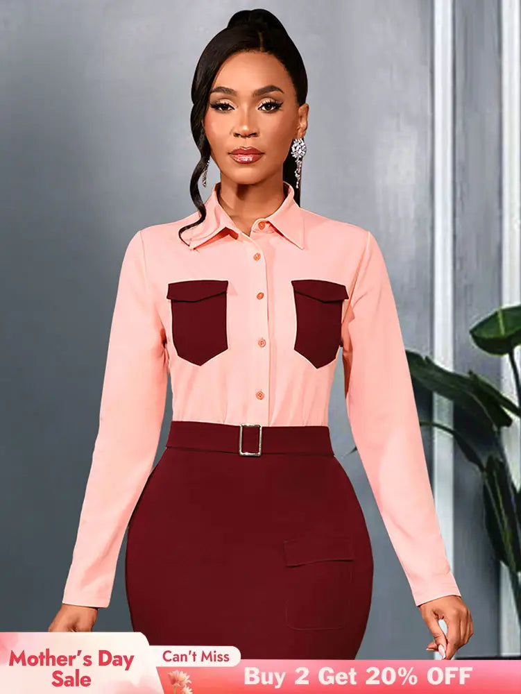 AOMEIDRESS Elegant Colorblock Turn Down Collar Long Sleeves Shirt Pink / S