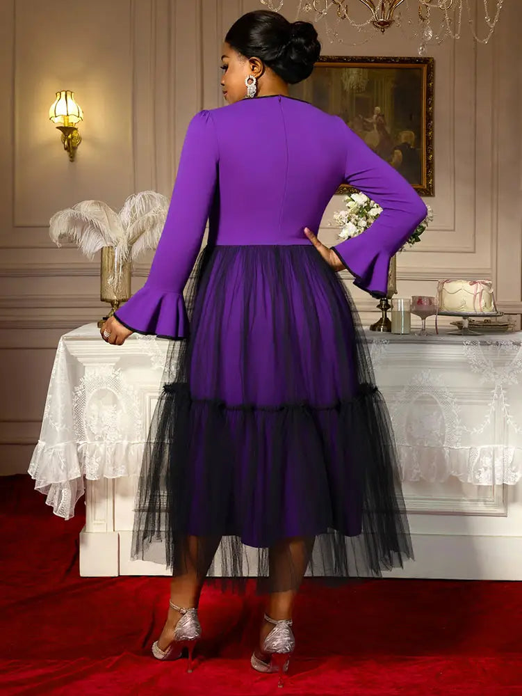 AOMEIDRESS Elegant DarkPurple Mesh Dress Flare Sleeve for Party Church