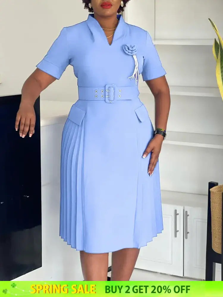 AOMEIDRESS Elegant Dresses V Neck Short Sleeves Pleated Belt 3D Flowers