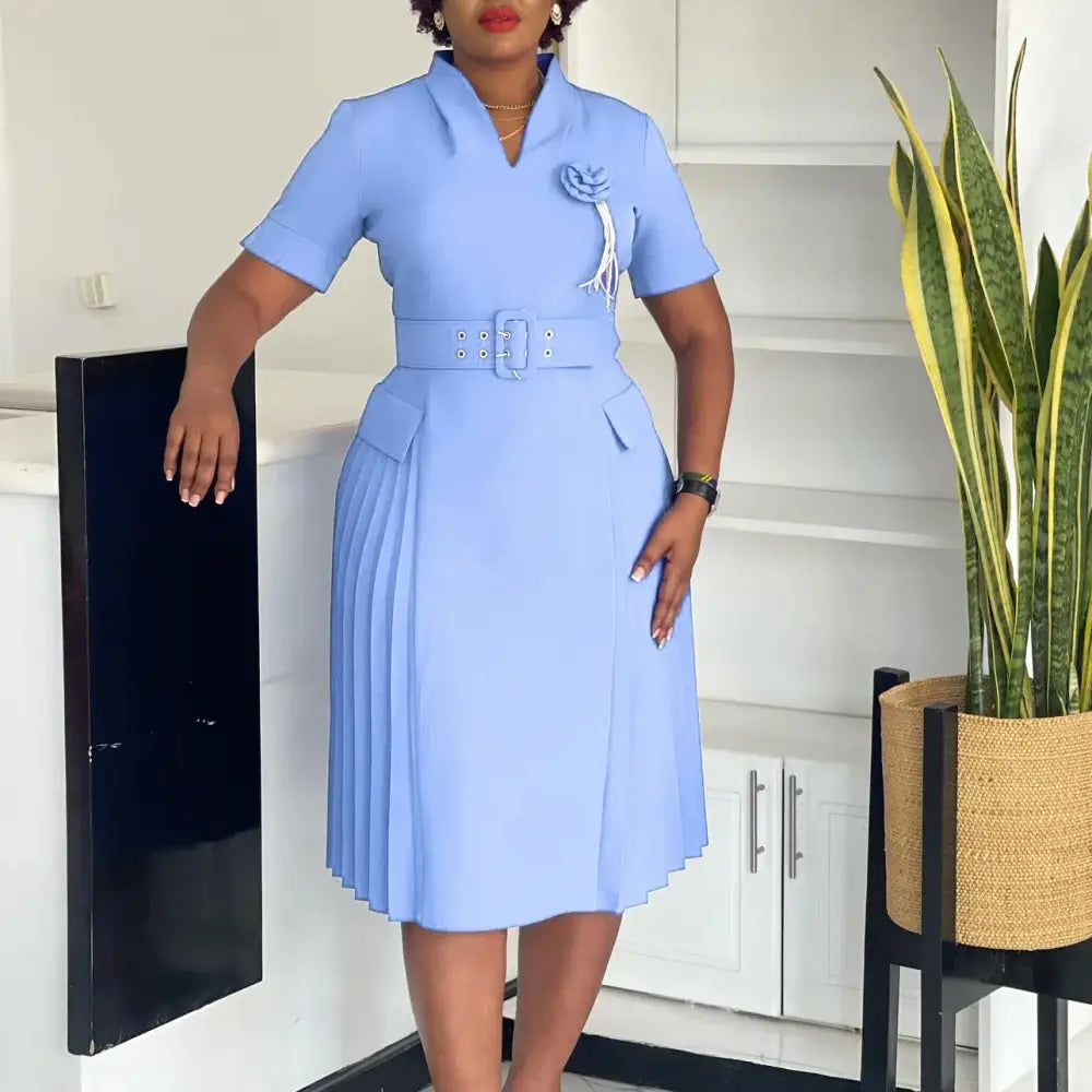 AOMEIDRESS Elegant Dresses V Neck Short Sleeves Pleated Belt 3D Flowers Blue / S