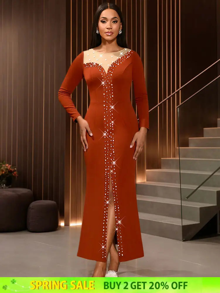 AOMEIDRESS Elegant Evening Party Mermaid Dress with Slit Beading BrickRed / S