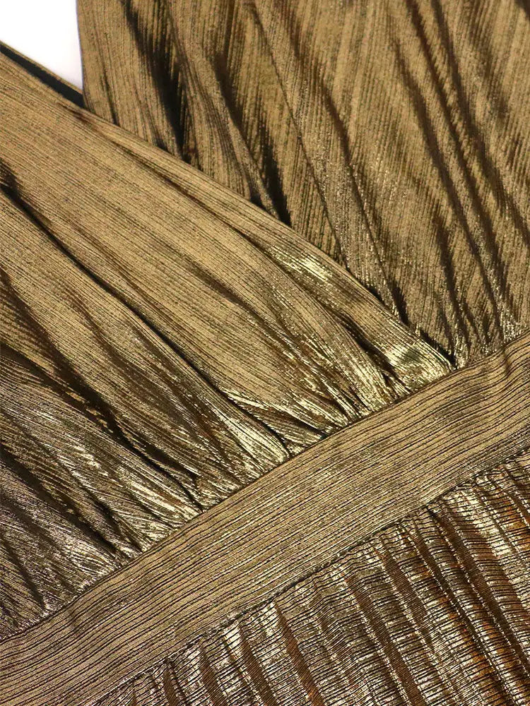 AOMEIDRESS Elegant Gold A Line Pleated Dress V Neck Long Sleeve Gowns